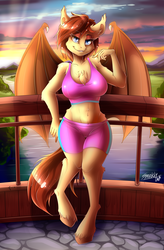 Size: 3990x6100 | Tagged: safe, artist:sparklyon3, oc, oc only, oc:silver veil, bat pony, anthro, unguligrade anthro, rcf community, chest fluff, clothes, commission, female, outdoors, partially open wings, signature, solo, tight clothing, unshorn fetlocks, wings