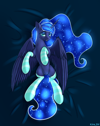 Size: 1192x1500 | Tagged: safe, artist:kirasunnight, princess luna, alicorn, pony, g4, bedroom eyes, blue eyes, blue mane, clothes, ethereal mane, female, floppy ears, flowing mane, flowing tail, horn, lidded eyes, looking at you, lying down, mare, on back, open mouth, simple background, smiling, socks, solo, starry mane, striped socks, tail, wings