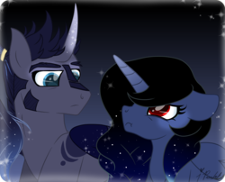 Size: 1926x1560 | Tagged: safe, artist:ipandacakes, oc, oc only, oc:nightfly, oc:somber moon, alicorn, pony, unicorn, female, interdimensional siblings, male, mare, ocnightfly, offspring, parent:king sombra, parent:princess luna, parents:lumbra, stallion