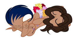 Size: 1620x844 | Tagged: safe, artist:su-star, oc, oc only, earth pony, pony, bouquet, female, mare, on back, simple background, solo, transparent background