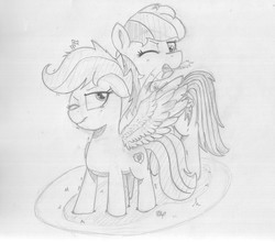 Size: 5344x4710 | Tagged: safe, artist:periodicbrony, rainbow dash, scootaloo, pegasus, pony, g4, absurd resolution, monochrome, newbie artist training grounds, preening, scootaloo can fly, scootalove, traditional art
