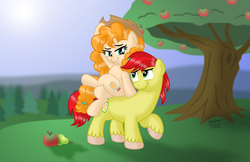 Size: 2000x1294 | Tagged: safe, artist:aleximusprime, bright mac, pear butter, earth pony, pony, g4, the perfect pear, apple, apple tree, cowboy hat, cute, female, food, freckles, hat, male, mare, pear, ship:brightbutter, shipping, smiling, stetson, straight, tree