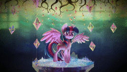 Size: 1280x720 | Tagged: safe, artist:dawnfire, artist:imiokun, twilight sparkle, alicorn, pony, g4, 16:9, abstract background, animated, blinking, chandelier, cinemagraph, cutie map, depth of field, female, golden oaks chandelier, looking at you, loop, no sound, perfect loop, solo, spread wings, tree of memories, twilight sparkle (alicorn), twilight's castle, webm, wings