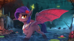 Size: 1920x1080 | Tagged: safe, artist:imiokun, artist:yakovlev-vad, oc, oc only, bat pony, butterfly, pony, animated, beautiful, blinking, cinemagraph, collaboration, flower, flower in hair, loop, no sound, perfect loop, scenery, scenery porn, solo, spread wings, water, webm, wings