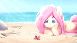 Size: 1920x1080 | Tagged: safe, artist:imiokun, artist:jumblehorse, fluttershy, pegasus, pony, g4, animated, beach, blinking, cinemagraph, collaboration, crepuscular rays, cute, eyes closed, female, folded wings, hermit crab, hnnng, horizon, looking at something, loop, lying down, mare, no sound, ocean, perfect loop, prone, sand, shyabetes, sky, smiling, solo, water, webm
