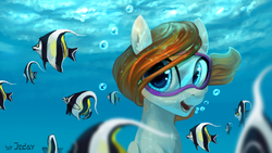 Size: 1920x1080 | Tagged: safe, artist:jedayskayvoker, oc, oc only, oc:sky chase, fish, pegasus, pony, commission, female, goggles, mare, open mouth, smiling, solo, swim mask, underwater, ych result