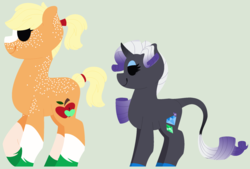 Size: 2232x1512 | Tagged: safe, artist:xxanimatorixx, applejack, rarity, classical unicorn, pony, unicorn, g4, alternate cutie mark, blaze (coat marking), body freckles, cloven hooves, coat markings, colored hooves, dark coat, duo, facial markings, freckles, green background, horn, leonine tail, lidded eyes, lineless, ponytail, redesign, simple background, socks (coat markings), unshorn fetlocks