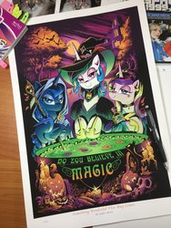 Size: 1536x2048 | Tagged: safe, artist:andypriceart, idw, princess cadance, princess celestia, princess luna, alicorn, cat, pony, g4, spoiler:comic, spoiler:comic71, andy you magnificent bastard, bedroom eyes, candle, cauldron, clothes, do you believe in magic?, female, halloween, hat, holiday, hood, ironic, jack-o-lantern, looking at you, mare, nightmare night, photo, pumpkin, skull, staff, trio, witch, witch hat