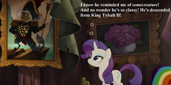Size: 1608x804 | Tagged: safe, edit, edited screencap, editor:korora, screencap, rainbow dash, rarity, abyssinian, g4, my little pony: the movie, art, bust, cactus, clothes, cropped, hat, implied capper, implied oc, klugetown, medals, painting, portrait, text, thinking, uniform