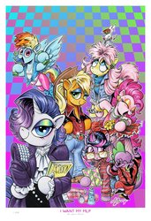 Size: 2600x3800 | Tagged: safe, artist:andy price, angel bunny, applejack, fluttershy, pinkie pie, rainbow dash, rarity, spike, twilight sparkle, alicorn, dragon, earth pony, pegasus, pony, unicorn, g4, spoiler:comic, spoiler:comic64, 80's fashion, 80s, abstract background, air guitar, alternate hairstyle, applejack's hat, bangles, belt, belt buckle, big hair, binder, book, boots, bracelet, clothes, cowboy boots, cowboy hat, cyndi lauper, denim jacket, dress, ear piercing, earring, eyes closed, eyeshadow, female, fishnet stockings, flower, glasses, hair spray, hairspray, hat, headband, high res, jeans, jewelry, leg warmers, leotard, looking at you, makeup, male, mane six, mare, mohawk, necklace, olivia newton-john, pants, piercing, prince (musician), robe, ruffled shirt, safety pin, sequins, shampoo, shoes, shoulder pads, sunflower, sweatband, sweater, sweatpants, trapper keeper, turtleneck, twilight sparkle (alicorn), weights, wristband
