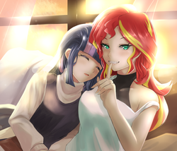 Size: 1500x1285 | Tagged: safe, artist:saggitary, sunset shimmer, twilight sparkle, human, equestria girls, g4, clothes, cute, duo, eyes closed, female, humanized, lesbian, looking at you, scenery, ship:sunsetsparkle, shipping, sleeping, smiling, twiabetes