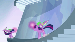 Size: 480x270 | Tagged: safe, edit, edited screencap, screencap, spike, twilight sparkle, dragon, pony, unicorn, g4, the crystal empire, animated, butt touch, female, glowing horn, hand on butt, horn, king sombra's stair dimension, loop, mare, multeity, now you're thinking with portals, perfect loop, self ponidox, sparkle sparkle sparkle, stairs, unicorn twilight, upside down, wheeeee