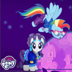 Size: 1202x1191 | Tagged: safe, gameloft, rainbow dash, rarity, pegasus, pony, unicorn, g4, official, 80s, duo, glam rock dash, looking at you, my little pony logo