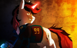 Size: 1920x1200 | Tagged: safe, artist:suplolnope, oc, oc only, oc:blackjack, pony, fallout equestria, fallout equestria: project horizons, clothes, fanfic art, female, glowing horn, horn, jumpsuit, looking back, mare, pipbuck, red eyes, solo, vault suit