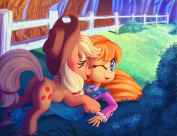 Size: 2000x1547 | Tagged: safe, artist:discorded, applejack, megan williams, earth pony, pony, equestria girls, equestria girls series, g1, g4, rollercoaster of friendship, applebutt, behaving like a dog, butt, clothes, cowboy hat, cute, eyes closed, female, g1 to equestria girls, generation leap, happy, hat, jackabetes, licking, one eye closed, plot, smiling, stetson, tongue out