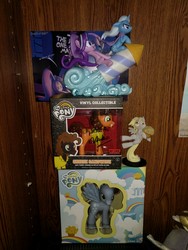 Size: 3036x4048 | Tagged: safe, cheese sandwich, derpy hooves, starlight glimmer, trixie, g4, autograph, figurine, funko, irl, photo, rocket, toy
