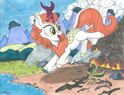 Size: 3296x2520 | Tagged: safe, artist:brisineo, autumn blaze, kirin, g4, sounds of silence, cloud, cloven hooves, female, fire, high res, marker drawing, mountain, mountain range, prancing, rainbow, smiling, smoke, solo, that was fast, traditional art
