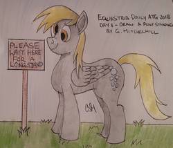 Size: 1391x1192 | Tagged: safe, artist:rapidsnap, derpy hooves, pony, equestria daily, g4, female, mare, prank, sign, solo, standing, traditional art