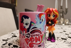 Size: 6000x4000 | Tagged: safe, artist:artofmagicpoland, pinkie pie, rainbow dash, rarity, spike, sunset shimmer, equestria girls, g4, bully, bullying, cup, doll, dunk, equestria girls minis, irl, looking at you, my little pony logo, photo, teacup, toy