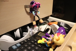 Size: 6000x4000 | Tagged: safe, artist:artofmagicpoland, applejack, rarity, twilight sparkle, alicorn, equestria girls, g4, awkward moment, calculator, cute, doll, equestria girls minis, female, headphones, lesbian, ship:rarijack, shipping, spying, toy, twilight sparkle (alicorn)