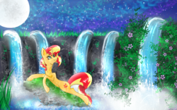 Size: 1920x1200 | Tagged: safe, artist:zomixnu, sunset shimmer, pony, unicorn, g4, female, looking up, lying, solo, stargazing, waterfall