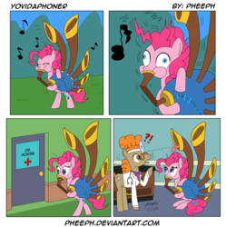 Size: 1606x1615 | Tagged: safe, artist:pheeph, doctor muffin top, pinkie pie, earth pony, pony, g4, yakity-sax, clothes, comic, exclamation point, female, interrobang, male, mare, music notes, old master q, parody, question mark, stallion, tongue out, yovidaphone
