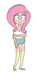 Size: 500x1000 | Tagged: safe, artist:scobionicle99, fluttershy, human, equestria girls, g4, big breasts, breasts, busty fluttershy, cleavage, clothes, female, hairpin, human coloration, lip bite, looking at you, miniskirt, shoes, simple background, skirt, socks, solo, tank top, thigh highs, white background