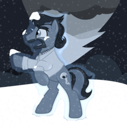 Size: 2000x2000 | Tagged: safe, artist:binkyt11, derpibooru exclusive, doctor caballeron, earth pony, pony, g4, atg 2018, frozen, high res, i have no mouth and i must scream, male, neckerchief, newbie artist training grounds, snow, snowfall, solo, stallion, storm, story included