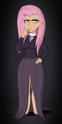 Size: 750x1500 | Tagged: safe, artist:scobionicle99, fluttershy, human, fake it 'til you make it, clothes, ear piercing, eyeshadow, female, fluttergoth, gradient background, humanized, legs, long skirt, makeup, piercing, shoes, skirt, solo, thinking, unamused