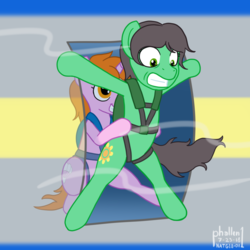 Size: 1000x1000 | Tagged: safe, artist:phallen1, oc, oc only, oc:maya northwind, oc:sadie michaels, aircraft, atg 2018, bipedal, clothes, holding, newbie artist training grounds, panic, parachute, ponified oc, see-through, wind