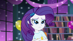 Size: 1280x720 | Tagged: safe, screencap, rarity, equestria girls, g4, my little pony equestria girls: rainbow rocks, shake your tail, balloon, bracelet, crossed arms, female, jewelry, sad, serious, serious face, solo