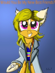 Size: 1627x2157 | Tagged: safe, artist:sixes&sevens, derpibooru exclusive, pony, chest fluff, clothes, doctor who, ear piercing, earring, female, jacket, jewelry, jodie whittaker, key, mare, outstretched hoof, piercing, ponified, simple background, solo, sonic screwdriver, suspenders, the doctor, thirteenth doctor