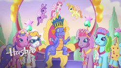 Size: 1920x1080 | Tagged: safe, screencap, master kenbroath gilspotten heathspike, pinkie pie (g3), rainbow dash (g3), sunny daze (g3), tiddly wink, tra-la-la, wysteria, zipzee, breezie, dragon, earth pony, pony, g3, the princess promenade, hasbro, hasbro studios, king spike, princess pinkie pie, princess rainbow dash, princess sunny daze, princess wysteria