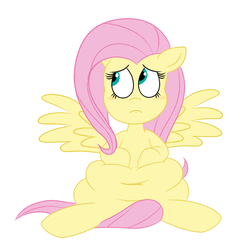 Size: 900x900 | Tagged: safe, artist:scobionicle99, fluttershy, pegasus, pony, belly, belly button, big belly, blushing, chubby, embarrassed, explicit source, fat, fattershy, female, floppy ears, hoof on belly, simple background, sitting, solo, spread wings, squishy, white background, wings