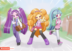 Size: 1407x1000 | Tagged: safe, artist:howxu, adagio dazzle, aria blaze, sonata dusk, equestria girls, g4, backpack, bag, boots, clothes, cute, cute little fangs, fangs, female, grass, hairband, howxu is trying to murder us, jeans, looking at you, miniskirt, moe, open mouth, pants, patreon, patreon logo, pigtails, pleated skirt, pointing, ponytail, shoes, shorts, skirt, sky, socks, sonatabetes, stars, sweater, sweatshirt, the dazzlings, thigh highs, tree, trio, twintails