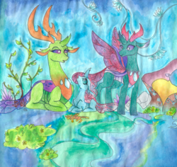 Size: 1024x966 | Tagged: safe, artist:fountainstranger, ocellus, pharynx, thorax, changedling, changeling, g4, season 8, brothers, changedling brothers, female, king thorax, male, prince pharynx, traditional art