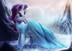 Size: 3600x2550 | Tagged: safe, artist:vanillaghosties, rarity, pony, unicorn, g4, atg 2018, clothes, cosplay, costume, crossover, disney, dress, elsa, female, frozen (movie), high res, let it go, magic, mare, newbie artist training grounds, queen elsarity, scenery, solo