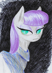 Size: 491x684 | Tagged: safe, artist:t72b, derpibooru exclusive, maud pie, pony, bust, clothes, female, looking back, newbie artist training grounds, no pupils, portrait, solo, traditional art