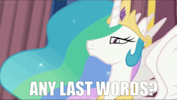 Size: 600x338 | Tagged: safe, edit, edited screencap, screencap, princess celestia, alicorn, pony, equestria girls, equestria girls specials, g4, my little pony equestria girls: better together, my little pony equestria girls: forgotten friendship, animated, anti-bronybait, blinking, bronybait, female, frown, glare, image macro, lidded eyes, looking at you, mare, meme, question, solo, spread wings, talking to viewer, this will end in death, wings