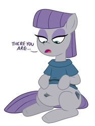 Size: 600x800 | Tagged: safe, artist:scobionicle99, boulder (g4), maud pie, earth pony, pony, g4, belly, belly button, big belly, chubby, clothes, dialogue, explicit source, fat, female, hoof on belly, looking down, maud pudge, navel insertion, navel play, simple background, sitting, solo, white background
