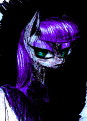 Size: 490x682 | Tagged: safe, artist:t72b, derpibooru exclusive, maud pie, pony, bust, clothes, dark, female, looking back, newbie artist training grounds, no pupils, portrait, solo, spooky, traditional art