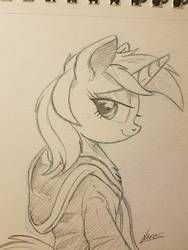 Size: 756x1008 | Tagged: safe, artist:ncmares, lyra heartstrings, pony, unicorn, semi-anthro, fanfic:background pony, g4, atg 2018, bipedal, clothes, female, looking back, monochrome, newbie artist training grounds, signature, sketch, smiling, solo, sweater, traditional art