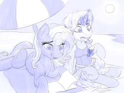 Size: 1024x768 | Tagged: safe, artist:novaintellus, starlight glimmer, trixie, pony, unicorn, semi-anthro, g4, beach, clothes, female, food, glowing horn, horn, ice cream, magic, mare, monochrome, sketch, smiling, swimsuit
