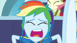 Size: 1920x1080 | Tagged: safe, screencap, rainbow dash, roseluck, equestria girls, equestria girls specials, g4, my little pony equestria girls: better together, my little pony equestria girls: rollercoaster of friendship, eyes closed, female, open mouth, out of context, roller coaster, screaming, stop the ride