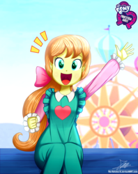 Size: 920x1160 | Tagged: safe, artist:the-butch-x, part of a set, megan williams, megan williams (g4), equestria girls, equestria girls specials, g4, my little pony equestria girls: better together, my little pony equestria girls: rollercoaster of friendship, background human, butch's hello, clothes, cute, equestria girls logo, female, g1 to g4, generation leap, looking at you, megandorable, open mouth, pants, signature, sitting, smiling, solo, weapons-grade cute