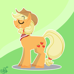Size: 2000x2000 | Tagged: safe, artist:binkyt11, derpibooru exclusive, applejack, earth pony, pony, g4, abstract background, applejack's hat, atg 2018, bandana, colored hooves, cowboy hat, cutie mark, eyes closed, female, freckles, hat, high res, hooves, lineless, mare, minimalist, modern art, newbie artist training grounds, signature, smiling, solo, standing, stetson