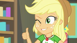 Size: 1920x1080 | Tagged: safe, screencap, applejack, equestria girls, equestria girls series, rollercoaster of friendship, female, geode of super strength, one eye closed, solo, thumbs up, wink