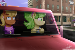 Size: 1360x920 | Tagged: safe, artist:the-butch-x, chickadee, ms. harshwhinny, ms. peachbottom, pinkie pie, earth pony, pony, g4, car, clothes, crossover, driving, duo focus, freckles, frown, grand theft auto, gta san andreas, my little pony logo, signature, video game