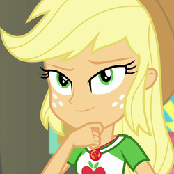 Size: 1077x1077 | Tagged: safe, screencap, applejack, equestria girls, equestria girls specials, g4, my little pony equestria girls: better together, my little pony equestria girls: rollercoaster of friendship, applejack's shirt with a collar, clothes, collar, collar shirt, cowboy hat, cropped, female, freckles, geode of super strength, hair, hand on chin, hat, ponytail, reaction image, shirt, shirt with a collar, solo, t-shirt, teenager, thinking