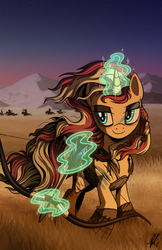 Size: 2475x3825 | Tagged: safe, artist:hexfloog, sunset shimmer, pony, unicorn, fanfic:those who ride, g4, arrow, bow (weapon), bow and arrow, commission, crossover, dothraki, female, game of thrones, high res, magic, solo, telekinesis, weapon